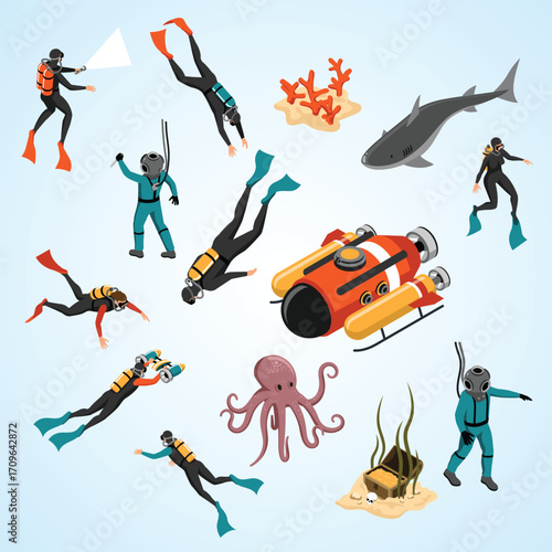 Isometric Illustration of Diverse Scuba Divers and Underwater Creatures and Treasure