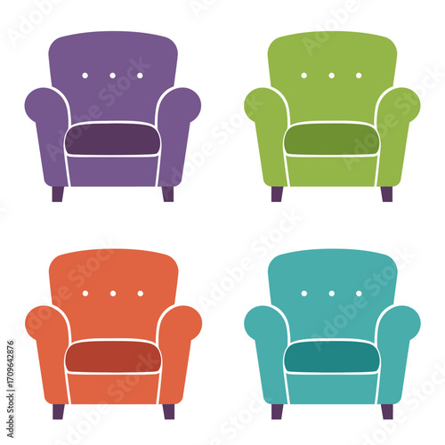 Colorful armchairs set cozy seating furniture illustration for interior design and home decor