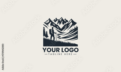 Inspiring black and white vector logo of a lone hiker gazing at majestic mountains, a perfect design for exploration brands