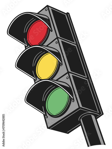 A traffic light with three signals red on top, yellow in the middle, and green at the bottom shown at a slight angle with visors over each light.