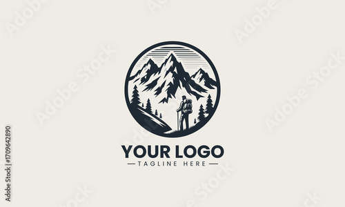 Inspiring black and white vector logo of a lone hiker gazing at majestic mountains, a perfect design for exploration brands