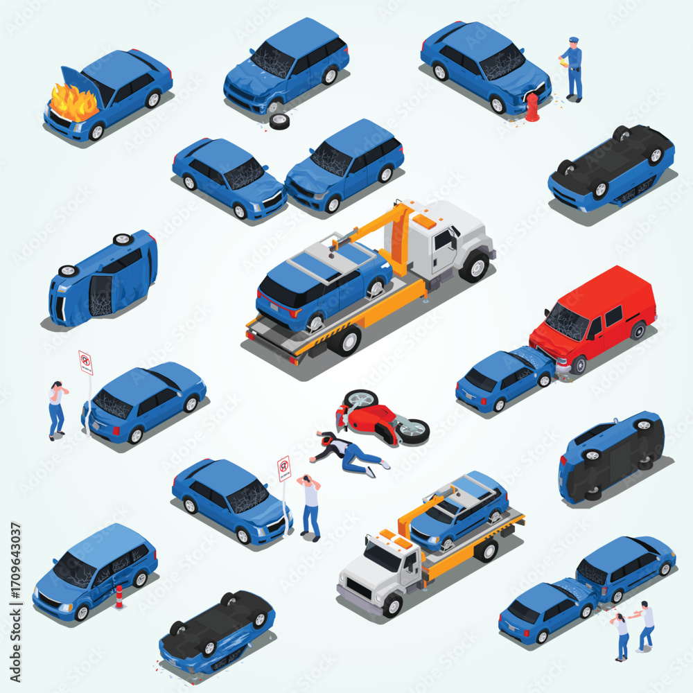 Naklejka premium Isometric Car Accident Scene Illustration with Tow Truck and Damage Elements