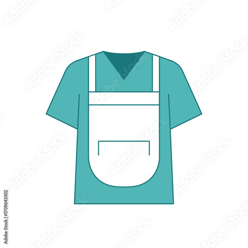Simple graphic of a blue scrub top with white bib overalls featuring a pocket