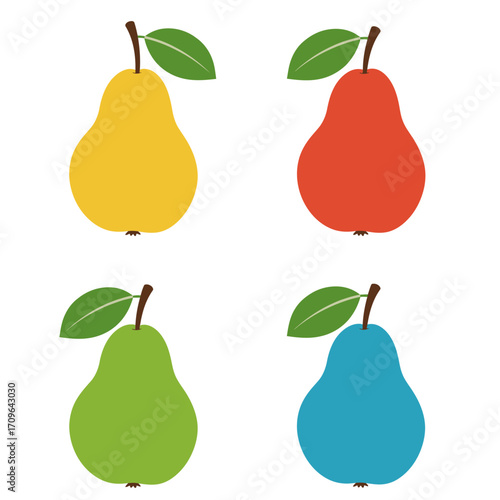 Four colorful pears yellow red green and blue with leaves isolated on healthy fruit
