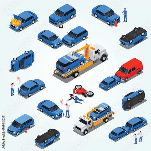Isometric Car Accident Scene Illustration with Tow Truck and Damage Elements