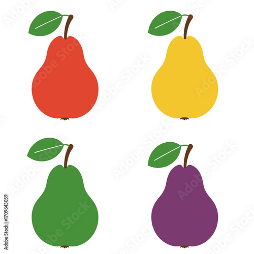 Four colorful pears green red yellow and purple with leaves ready for healthy eating designs