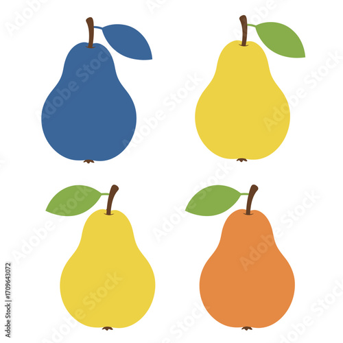Four colorful pears arranged in a grid with green leaves and brown stems isolated on white