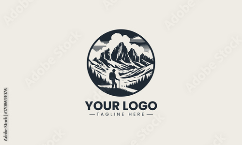 Inspiring black and white vector logo of a lone hiker gazing at majestic mountains, a perfect design for exploration brands