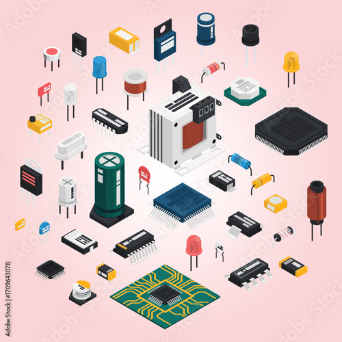 Isometric Detailed Electronic Component Collection Isolated on Pale Pink Background