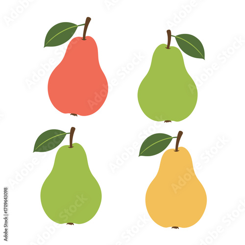Four colorful pears variety red green yellow fruits fresh ripe healthy food collection