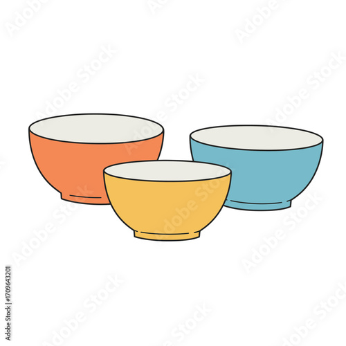 Three colorful ceramic bowls in orange yellow and blue ready for serving food or ingredients