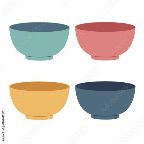 Four colorful ceramic bowls arranged for serving food or displaying decorative items