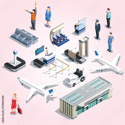 Isometric Detailed Airport Scene with Airplane and Staff Illustration