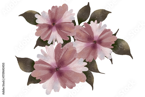 Three vintage purple flowers with leaves