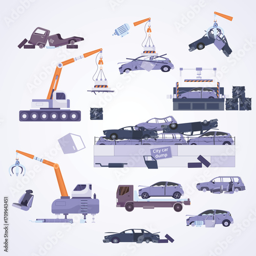 Flat Design City Car Dump with Crane and Crushed Automobile Illustration
