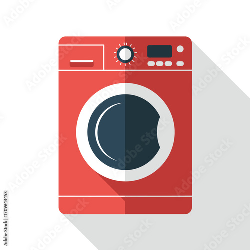 Modern red front load washing machine appliance with sleek design for laundry room