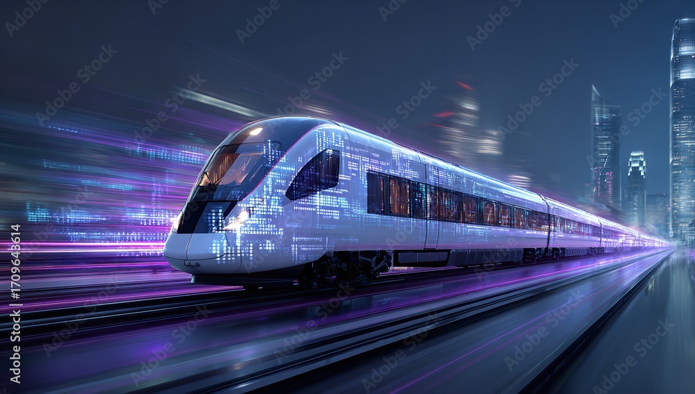 Naklejka premium Digital art of high-tech train racing through cityscape, featuring cyber code visuals, motion blur, vibrant colors, and futuristic technology concept