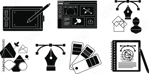 Graphic design icons, digital art, drawing tablet, vector editing, pen tool, color swatches, design software, creativity, sketching, planning, illustration, vector