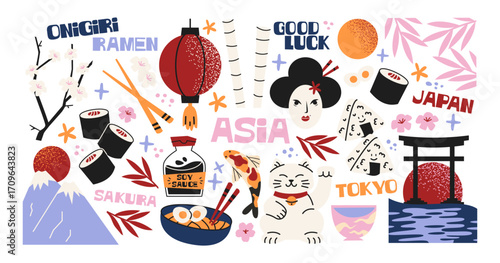 Cartoon style Japanese culture shapes set. Traditional elements: sushi, ramen, geisha, koi fish, maneki-neko, sakura. Fun retro colorful doodle illustrations of Asian heritage and cuisine
