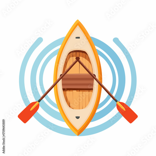 Top-down view of a yellow wooden rowboat with oars, an icon for adventure and outdoor recreation