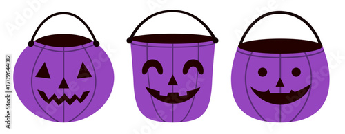 Three purple Halloween pumpkin buckets with different carved faces on a white background. Perfect for spooky party designs, festive decorations, October celebrations or seasonal merchandise. 
