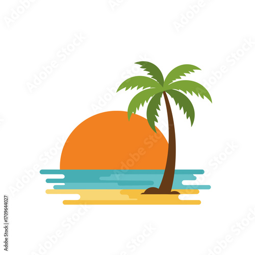 Vibrant tropical sunset with a lone palm tree on a sandy island over calm ocean waves.