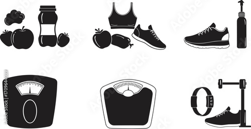 Health and fitness icons set with fruits, vegetables, sports bra, running shoes, water bottle, bathroom scale, barbell, fitness tracker illustration