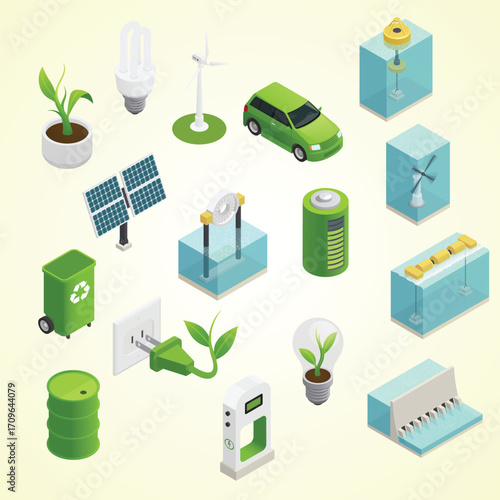 Isometric Detailed Green Energy And Environment Concept Illustration On Light Background