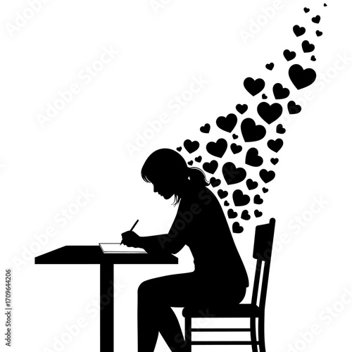 Silhouette of a person writing at a table with hearts flowing from their thoughts creating a romantic atmosphere