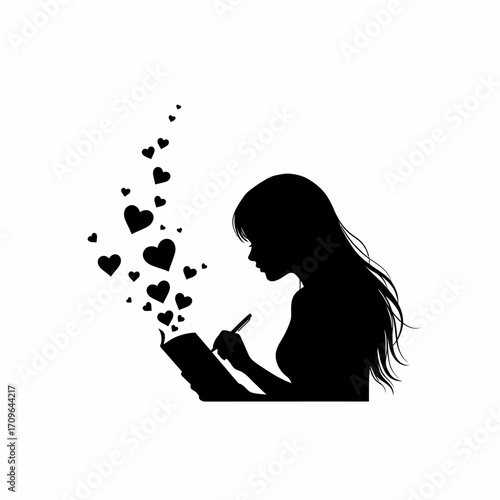 Silhouette of a girl writing in a book with hearts floating up creative expression and imagination