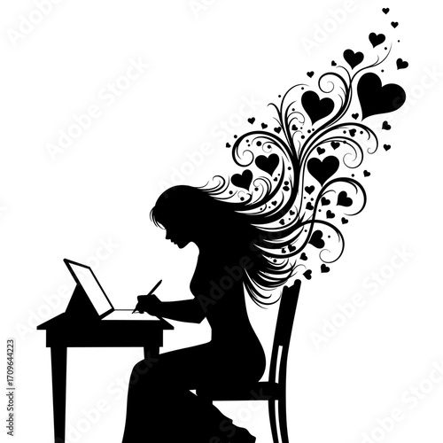 Woman at desk writing romantic thoughts with hearts and swirls flowing from her hair