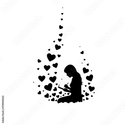 Silhouette of person reading surrounded by floating hearts symbolizing love and knowledge
