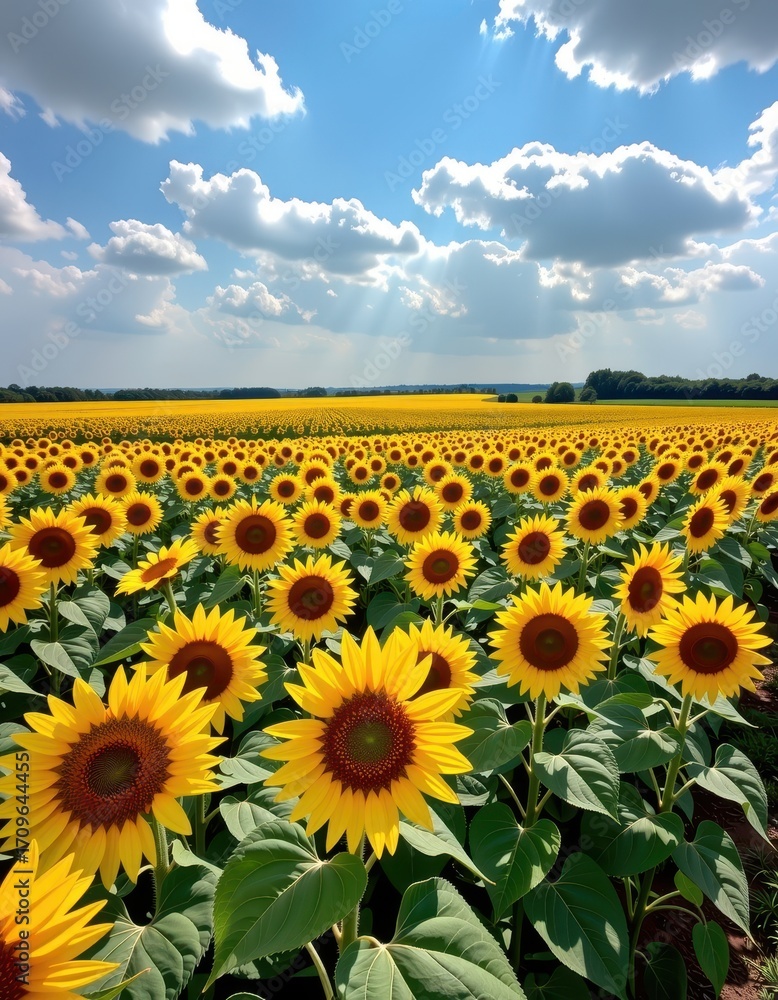 Fototapeta premium Vast sunflower field under a cloudy blue sky, golden blooms stretching to the horizon, blossoms, tranquility, landscape