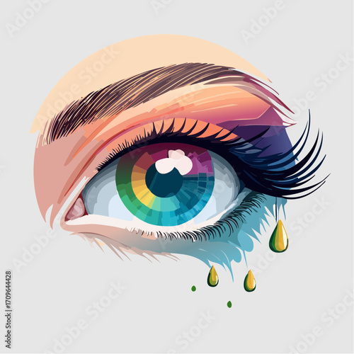 Artistic illustration of a human eye featuring a rainbow-colored iris, vivid makeup