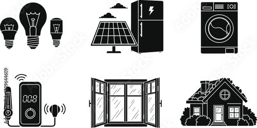 Household energy icons, smart home, solar panel, appliances, refrigerator, washing machine, thermostat, ventilation, eco living, sustainable design, electricity, vector illustration