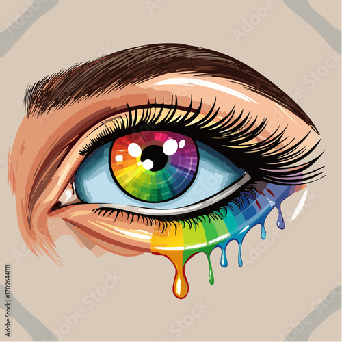 Artistic illustration of a human eye featuring a rainbow-colored iris, vivid makeup