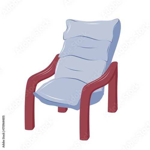 Modern armchair with soft blue cushions and red wooden frame isolated on white background. Comfortable lounge chair design for furniture catalog, interior design projects and home decor concepts.