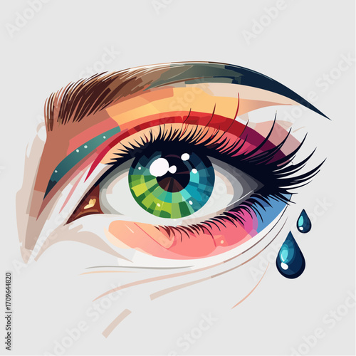 Artistic illustration of a human eye featuring a rainbow-colored iris, vivid makeup