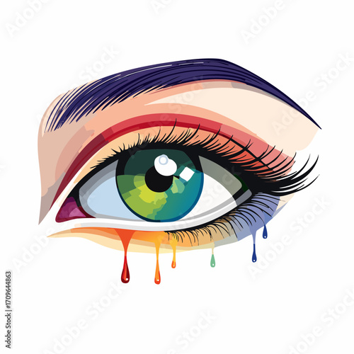 Artistic illustration of a human eye featuring a rainbow-colored iris, vivid makeup