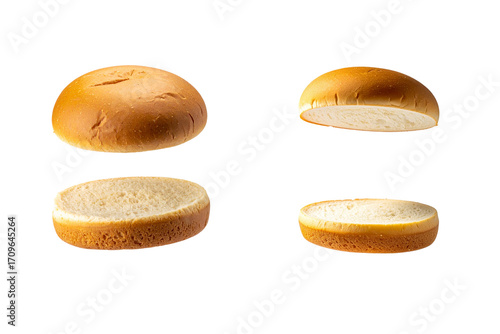 Two burger buns, one whole and one sliced in half, presented against a plain white background.