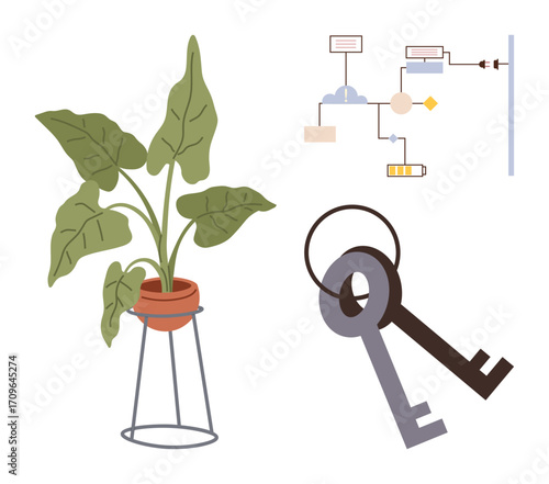 Potted plant on stand, keyring with vintage keys, and simplified flowchart. Ideal for growth, security, planning, sustainability, innovation, concepts and systems in a simple flat metaphor