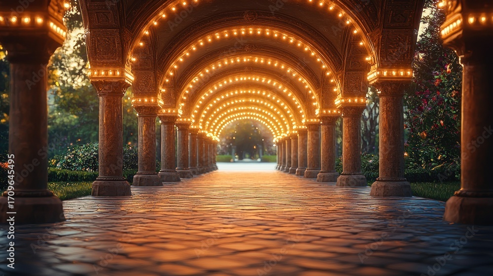 Fototapeta premium Enchanted Pathway: A Serene Stroll Through Illuminated Arches