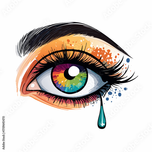 Artistic illustration of a human eye featuring a rainbow-colored iris, vivid makeup