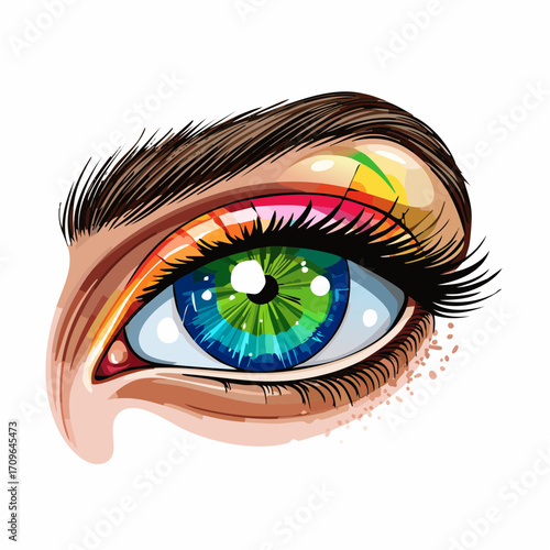 Artistic illustration of a human eye featuring a rainbow-colored iris, vivid makeup