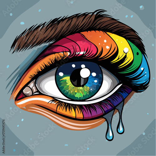 Artistic illustration of a human eye featuring a rainbow-colored iris, vivid makeup