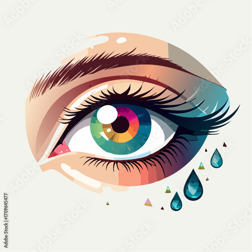Artistic illustration of a human eye featuring a rainbow-colored iris, vivid makeup