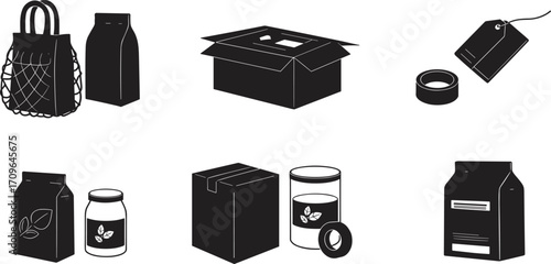 Packaging icons set with shopping bag, cardboard box, sealed pouch, hang tag, adhesive tape, jar, food container, eco product illustration