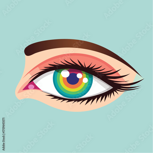 Artistic illustration of a human eye featuring a rainbow-colored iris, vivid makeup
