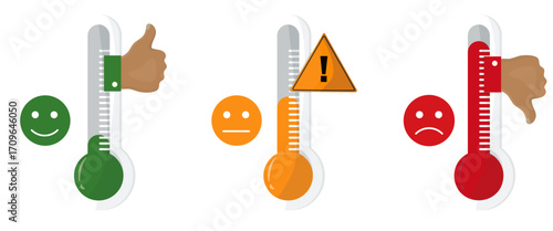 Temperature Climate Change. Three thermometers showing temperature levels isolated on transparent background. Climate indicators. Global warming.. Climate crisis. Climate risk. Vector illustration