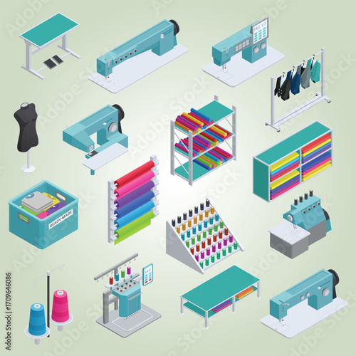 Isometric Detailed Sewing Equipment Atelier Workplace Elements Tailor Items